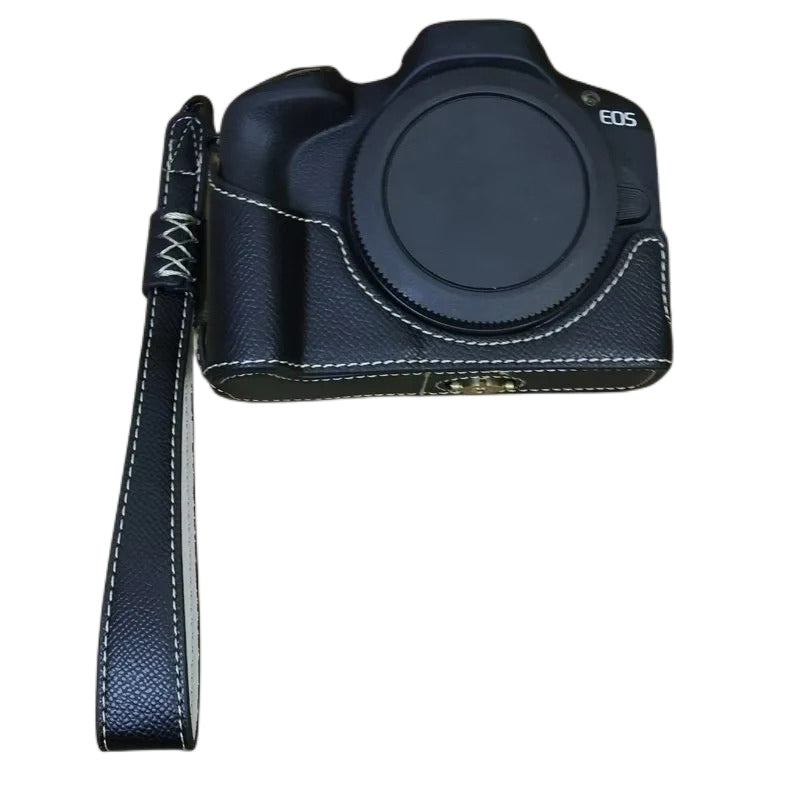 Uniqkart for Canon EOS R50 Anti-Shock PU Leather Camera Bottom Cover Large Opening Design Half Body Case with Strap - Black