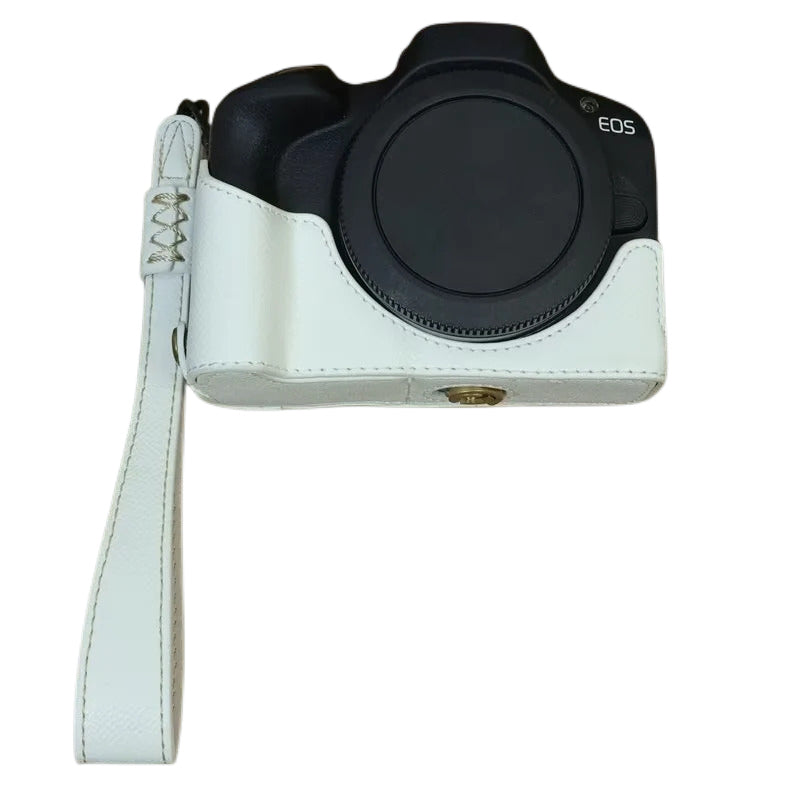 Uniqkart for Canon EOS R50 Anti-Shock PU Leather Camera Bottom Cover Large Opening Design Half Body Case with Strap - White