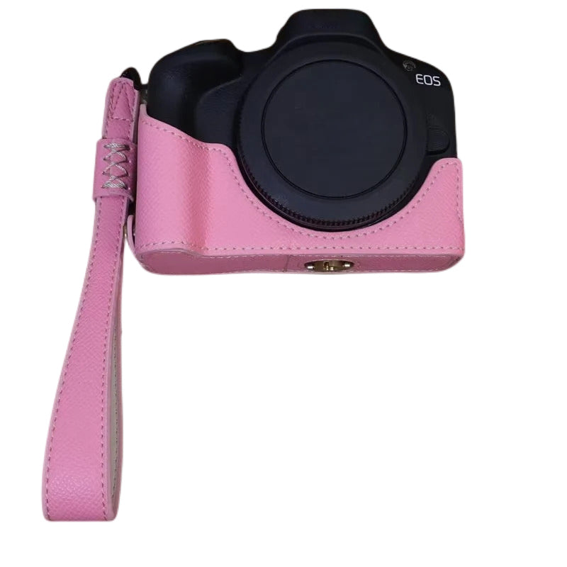 Uniqkart for Canon EOS R50 Anti-Shock PU Leather Camera Bottom Cover Large Opening Design Half Body Case with Strap - Pink