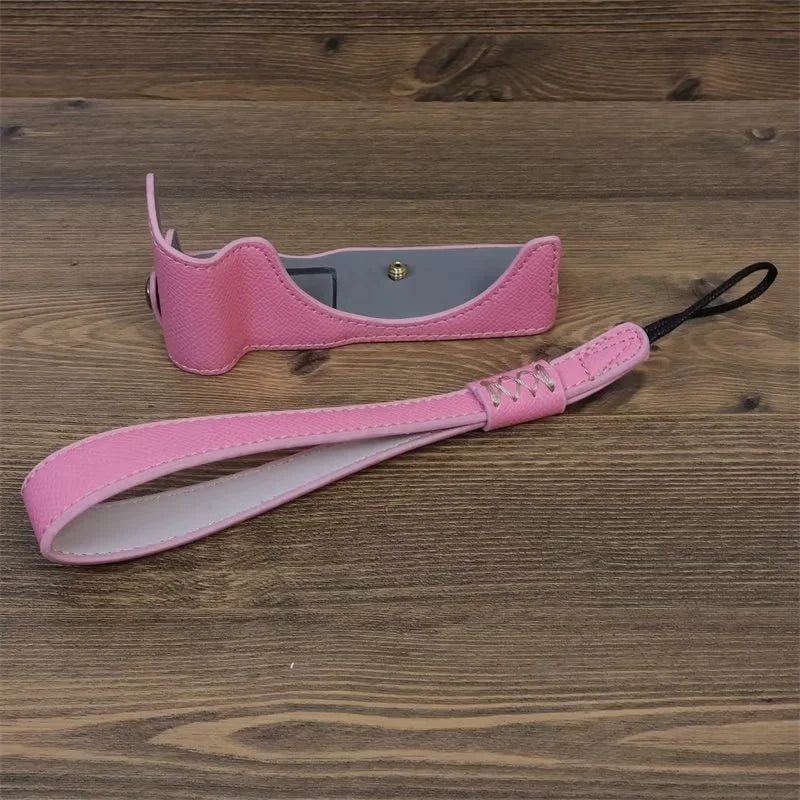 Uniqkart for Canon EOS R50 Anti-Shock PU Leather Camera Bottom Cover Large Opening Design Half Body Case with Strap - Pink