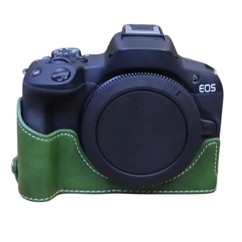 Uniqkart for Canon EOS R50 Camera Bottom Sleeve Large Opening Design PU Leather Half Body Case - Green