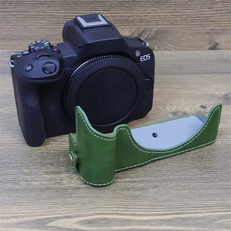 Uniqkart for Canon EOS R50 Camera Bottom Sleeve Large Opening Design PU Leather Half Body Case - Green