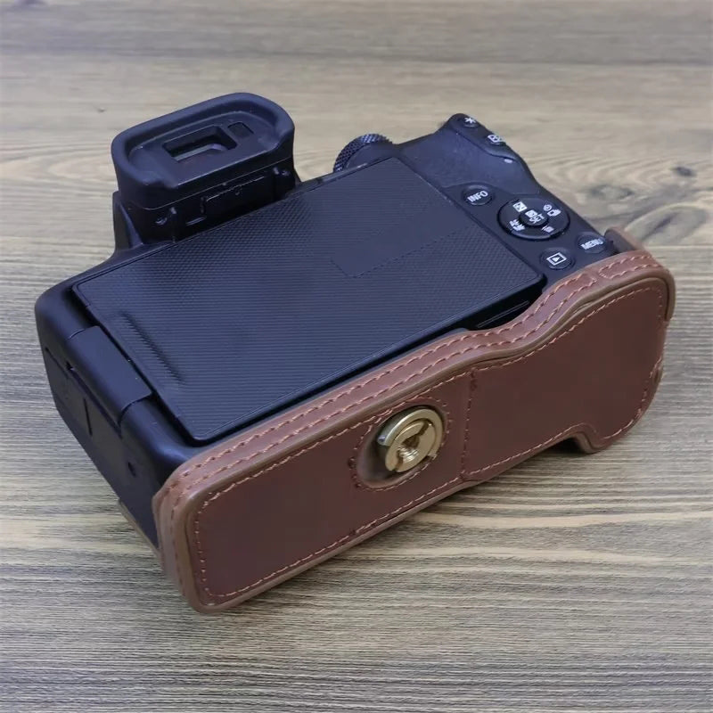 Uniqkart for Canon EOS R50 Camera Bottom Sleeve Large Opening Design PU Leather Half Body Case - Brown