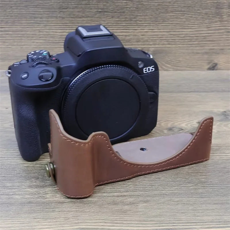 Uniqkart for Canon EOS R50 Camera Bottom Sleeve Large Opening Design PU Leather Half Body Case - Brown