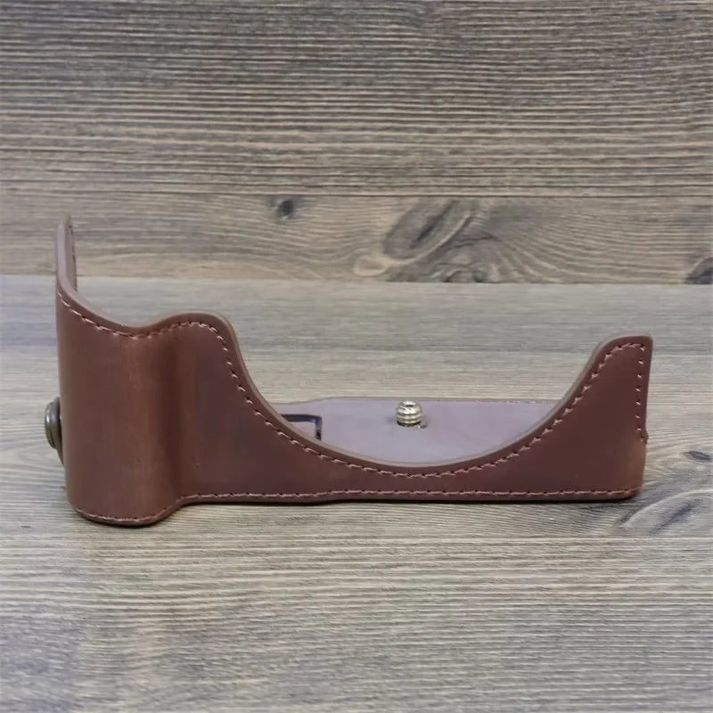 Uniqkart for Canon EOS R50 Camera Bottom Sleeve Large Opening Design PU Leather Half Body Case - Brown