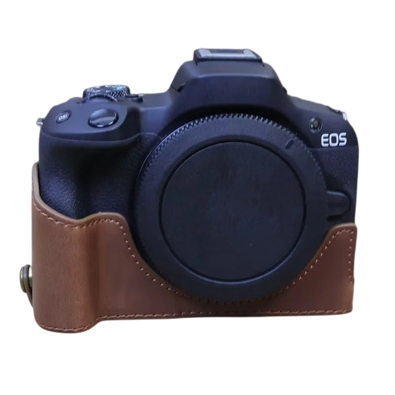 Uniqkart for Canon EOS R50 Camera Bottom Sleeve Large Opening Design PU Leather Half Body Case - Coffee