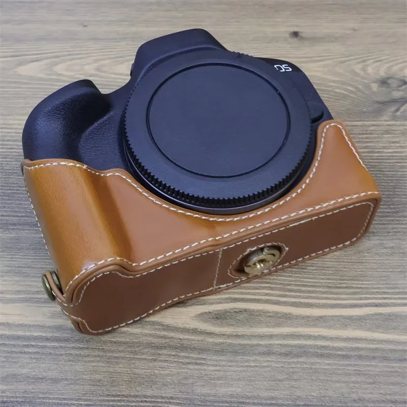Uniqkart for Canon EOS R50 Camera Bottom Sleeve Large Opening Design PU Leather Half Body Case - Coffee