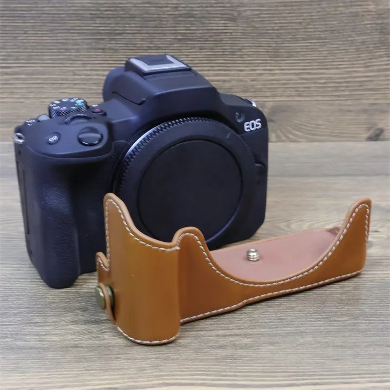 Uniqkart for Canon EOS R50 Camera Bottom Sleeve Large Opening Design PU Leather Half Body Case - Coffee