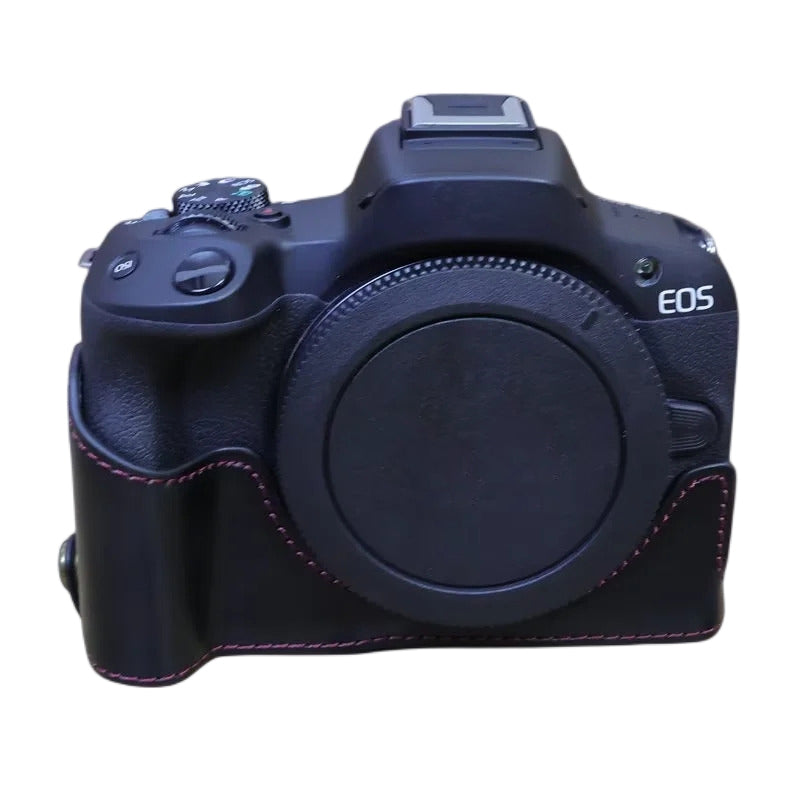 Uniqkart for Canon EOS R50 Camera Bottom Sleeve Large Opening Design PU Leather Half Body Case - Black