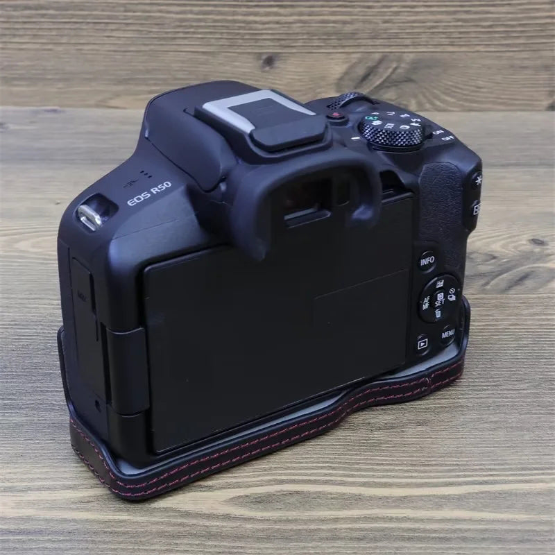 Uniqkart for Canon EOS R50 Camera Bottom Sleeve Large Opening Design PU Leather Half Body Case - Black