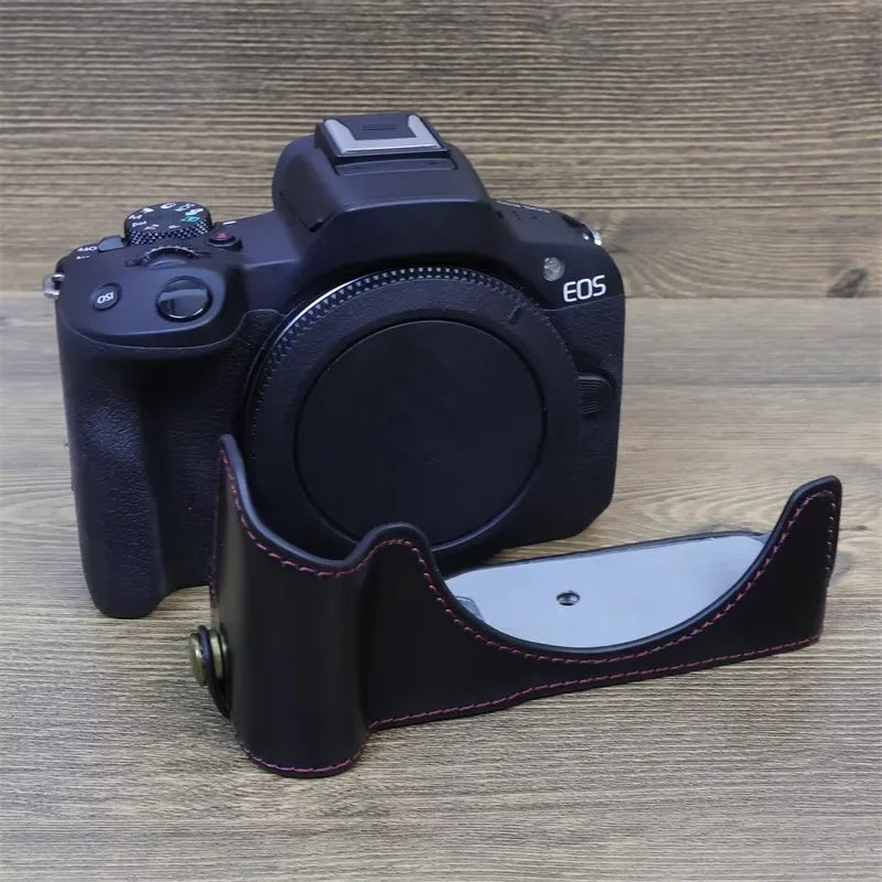 Uniqkart for Canon EOS R50 Camera Bottom Sleeve Large Opening Design PU Leather Half Body Case - Black
