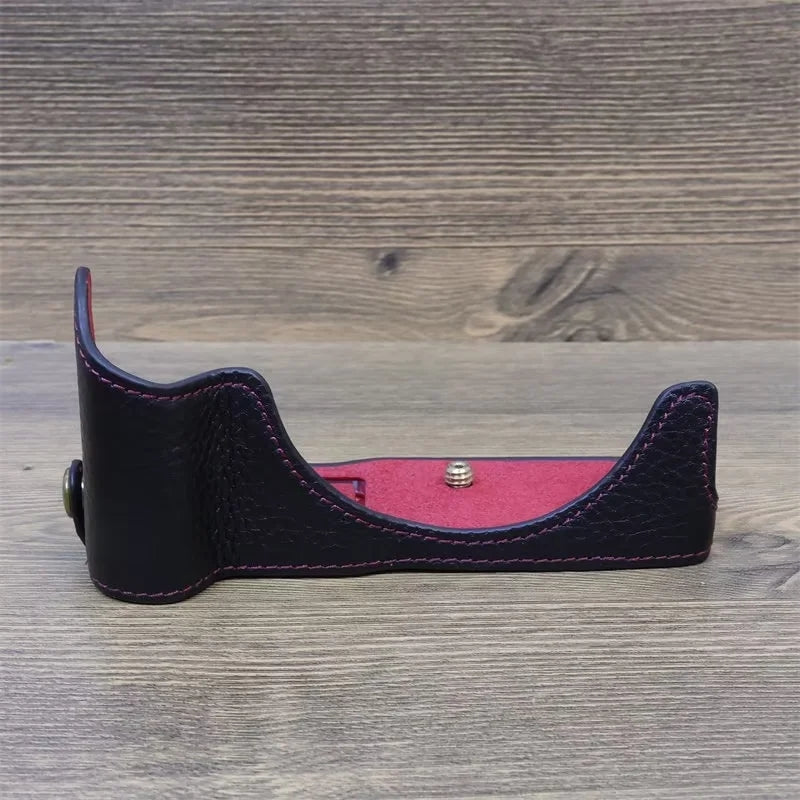 Uniqkart for Canon EOS R50 Anti-scratch Genuine Leather Camera Bottom Cover Large Opening Design Half Body Case - Black