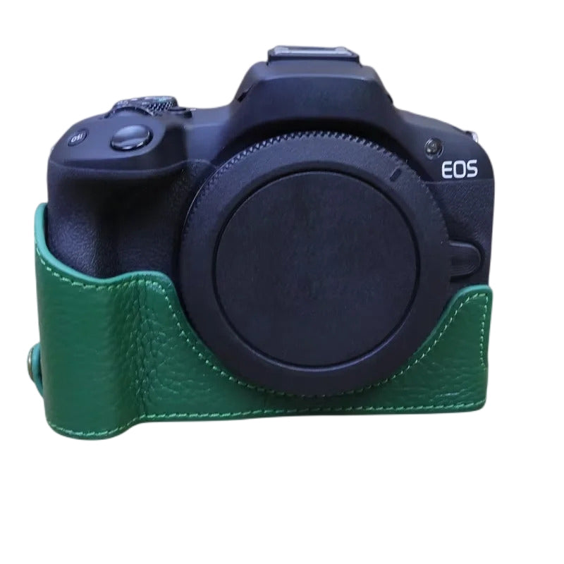 Uniqkart for Canon EOS R50 Anti-scratch Genuine Leather Camera Bottom Cover Large Opening Design Half Body Case - Green
