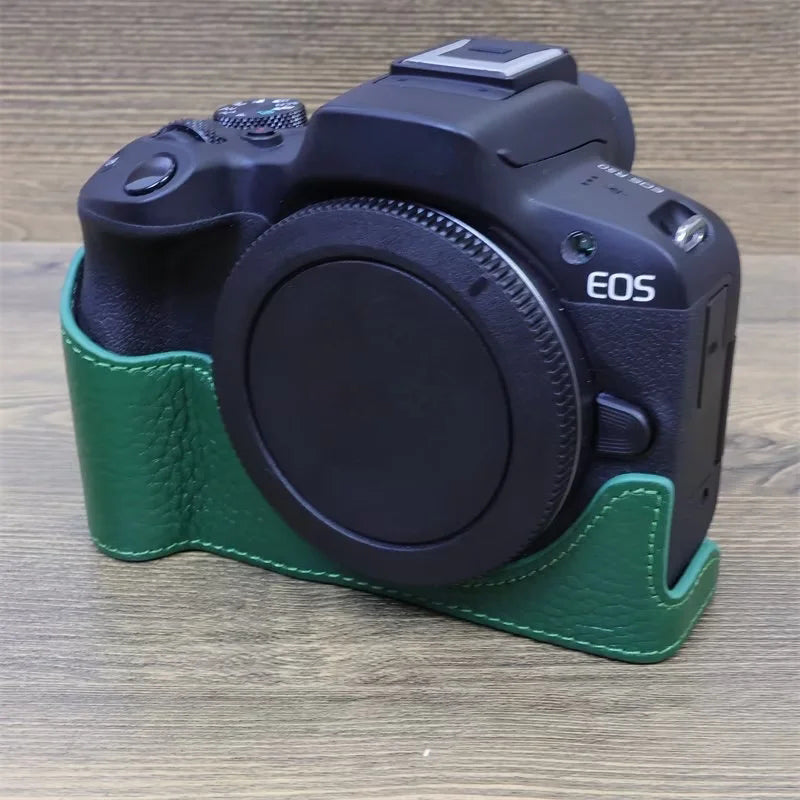 Uniqkart for Canon EOS R50 Anti-scratch Genuine Leather Camera Bottom Cover Large Opening Design Half Body Case - Green