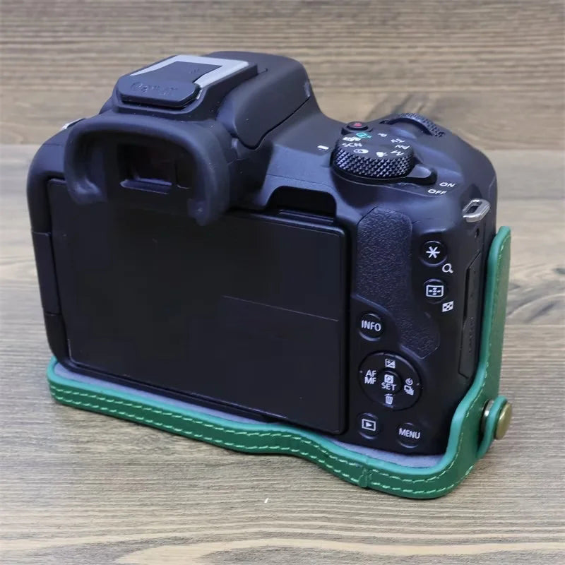 Uniqkart for Canon EOS R50 Anti-scratch Genuine Leather Camera Bottom Cover Large Opening Design Half Body Case - Green