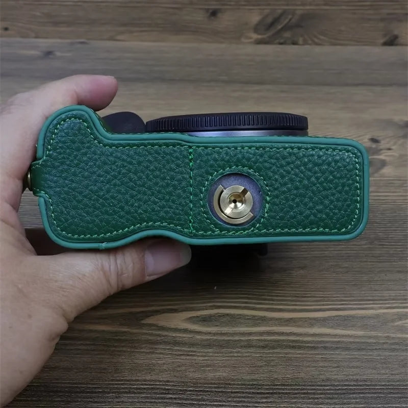 Uniqkart for Canon EOS R50 Anti-scratch Genuine Leather Camera Bottom Cover Large Opening Design Half Body Case - Green