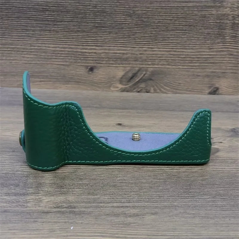 Uniqkart for Canon EOS R50 Anti-scratch Genuine Leather Camera Bottom Cover Large Opening Design Half Body Case - Green