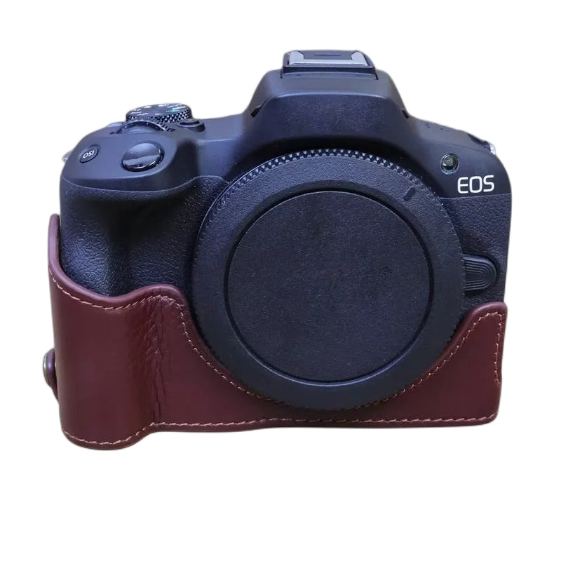 Uniqkart for Canon EOS R50 Anti-scratch Genuine Leather Camera Bottom Cover Large Opening Design Half Body Case - Coffee