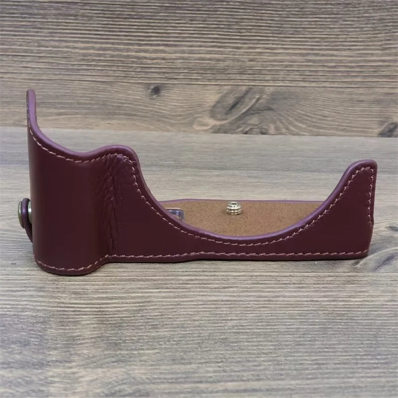 Uniqkart for Canon EOS R50 Anti-scratch Genuine Leather Camera Bottom Cover Large Opening Design Half Body Case - Coffee