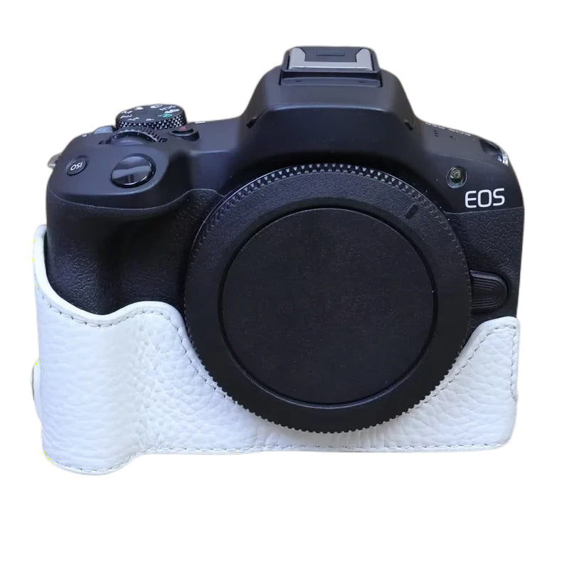 Uniqkart for Canon EOS R50 Anti-scratch Genuine Leather Camera Bottom Cover Large Opening Design Half Body Case - White