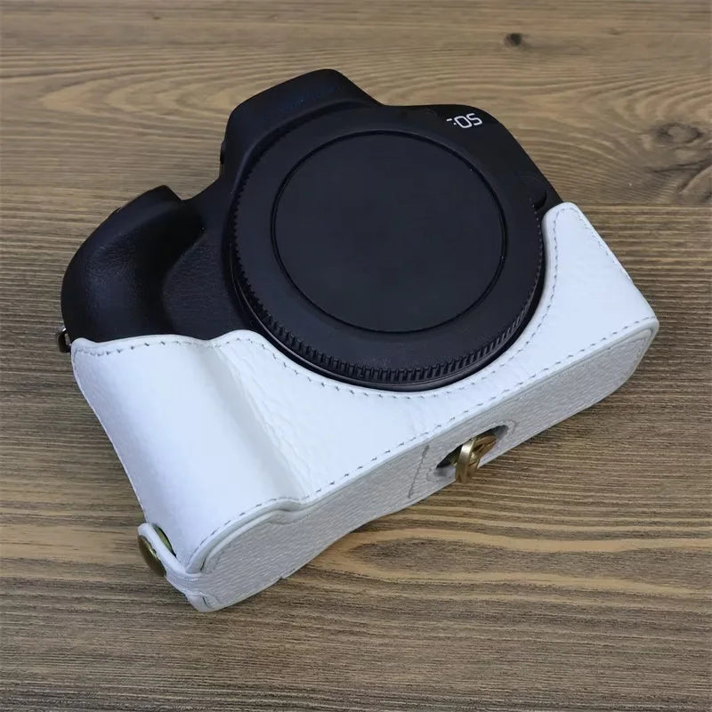 Uniqkart for Canon EOS R50 Anti-scratch Genuine Leather Camera Bottom Cover Large Opening Design Half Body Case - White
