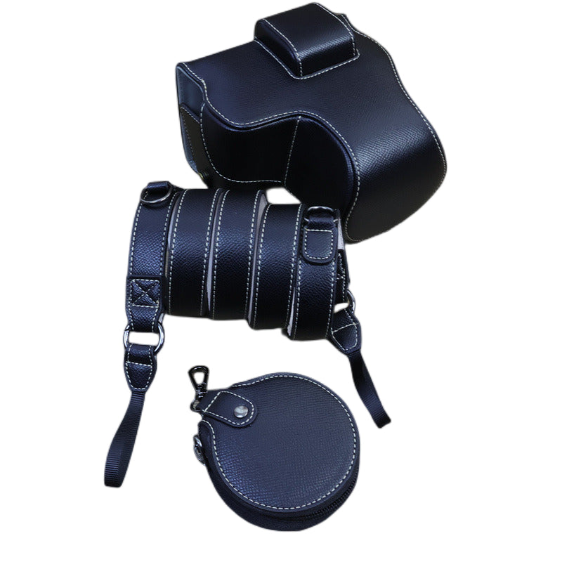 Uniqkart for Canon EOS R8 PU Leather Case Digital Camera Battery Opening Design Bag with Strap and Small Bag - Black