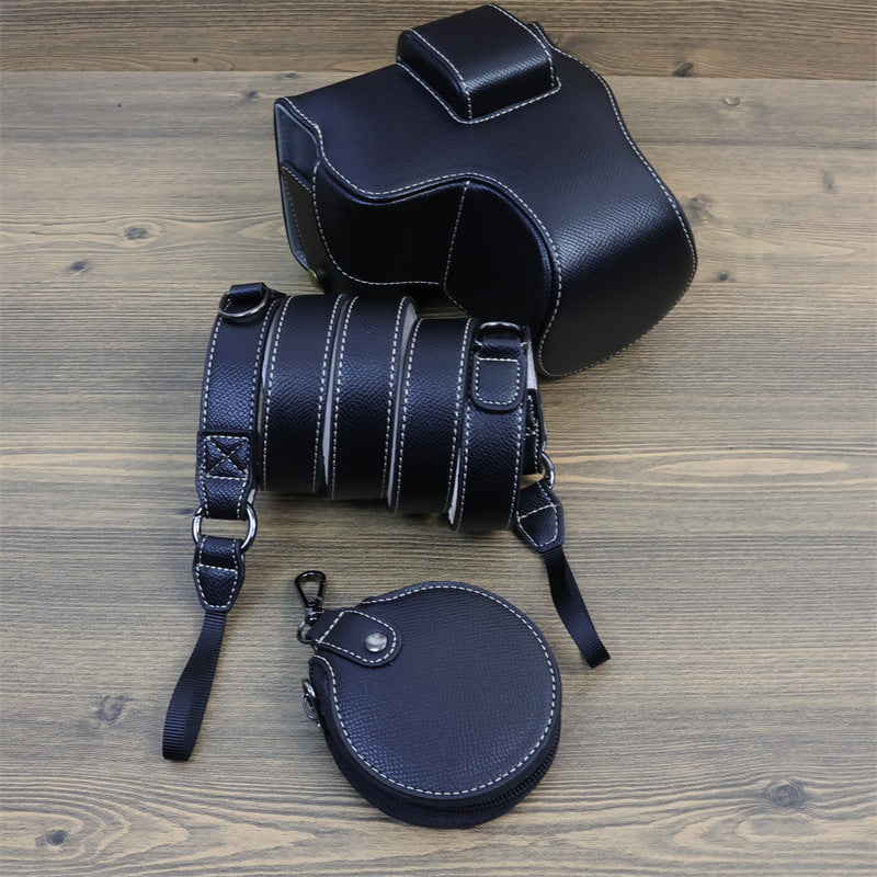 Uniqkart for Canon EOS R8 PU Leather Case Digital Camera Battery Opening Design Bag with Strap and Small Bag - Black