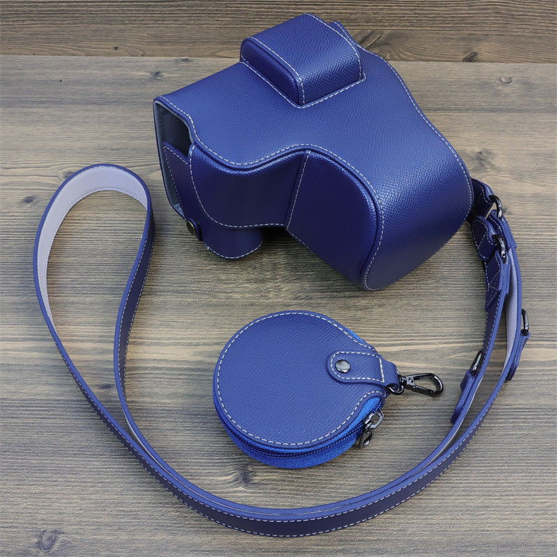 Uniqkart for Canon EOS R8 PU Leather Case Digital Camera Battery Opening Design Bag with Strap and Small Bag - Dark Blue