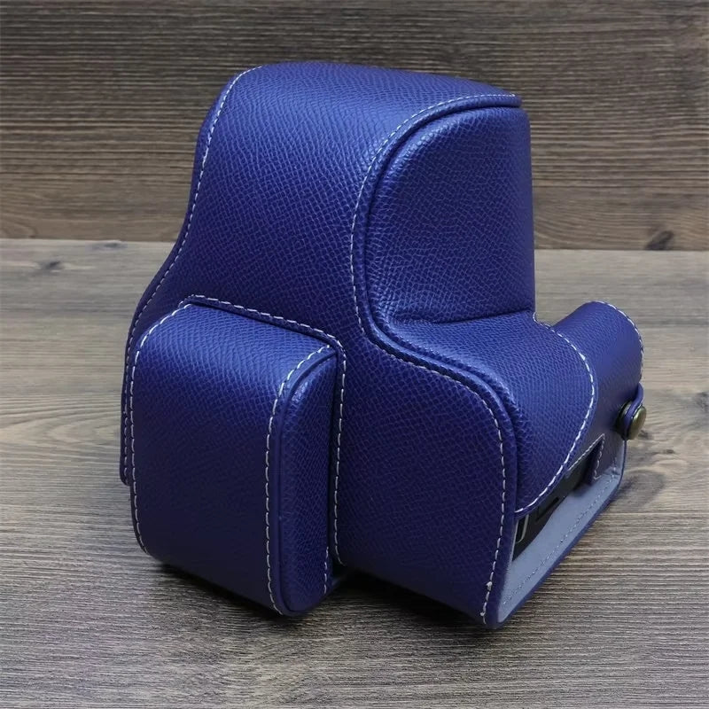 Uniqkart for Canon EOS R50 Camera Case Battery Opening Design Palm Texture Leather Bag with Strap and Small Bag - Dark Blue