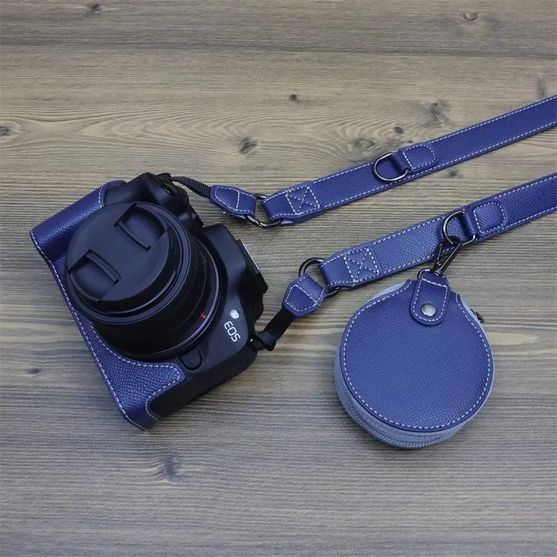 Uniqkart for Canon EOS R50 Camera Case Battery Opening Design Palm Texture Leather Bag with Strap and Small Bag - Dark Blue