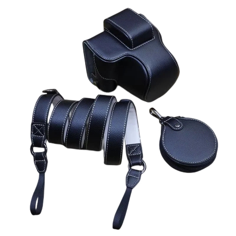 Uniqkart for Canon EOS R50 Camera Case Battery Opening Design Palm Texture Leather Bag with Strap and Small Bag - Black