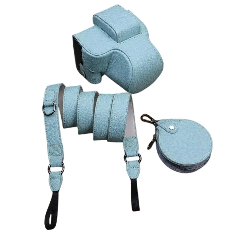 Uniqkart for Canon EOS R50 Camera Case Battery Opening Design Palm Texture Leather Bag with Strap and Small Bag - Baby Blue