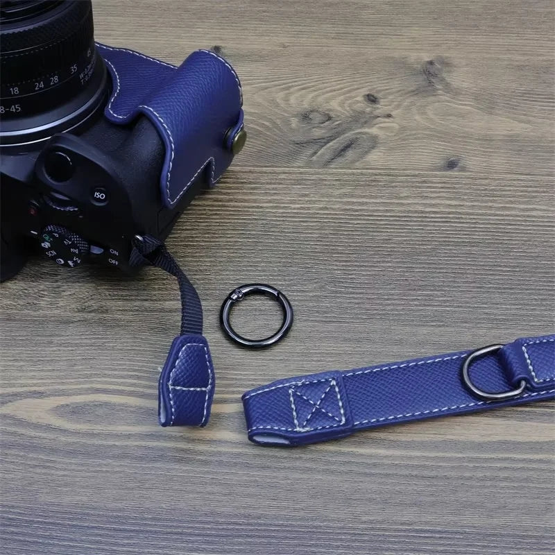 Uniqkart for Canon EOS R50 Camera Case Battery Opening Design Palm Texture Leather Bag with Strap and Small Bag - Baby Blue