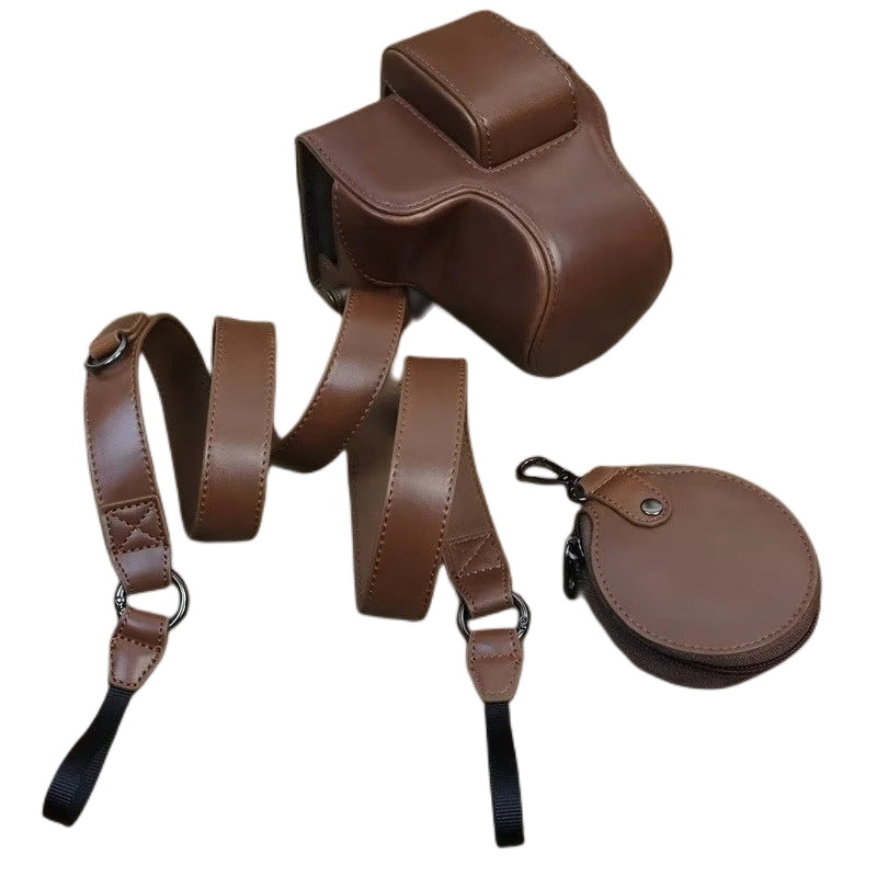 Uniqkart for Canon EOS R50 PU Leather Camera Case Battery Opening Design Camera Cover with Strap and Small Bag - Coffee