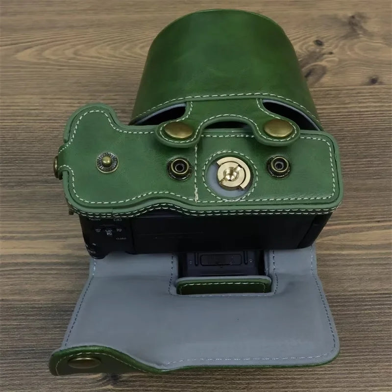 Uniqkart for Canon EOS R50 PU Leather Camera Case Battery Opening Design Camera Cover with Strap and Small Bag - Coffee