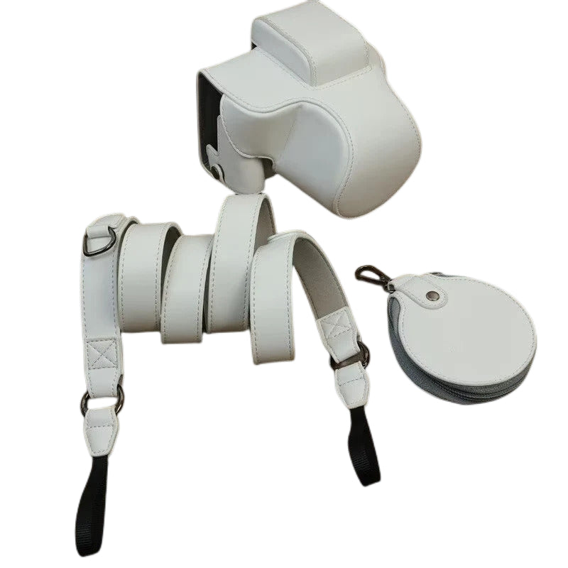 Uniqkart for Canon EOS R50 PU Leather Camera Case Battery Opening Design Camera Cover with Strap and Small Bag - White