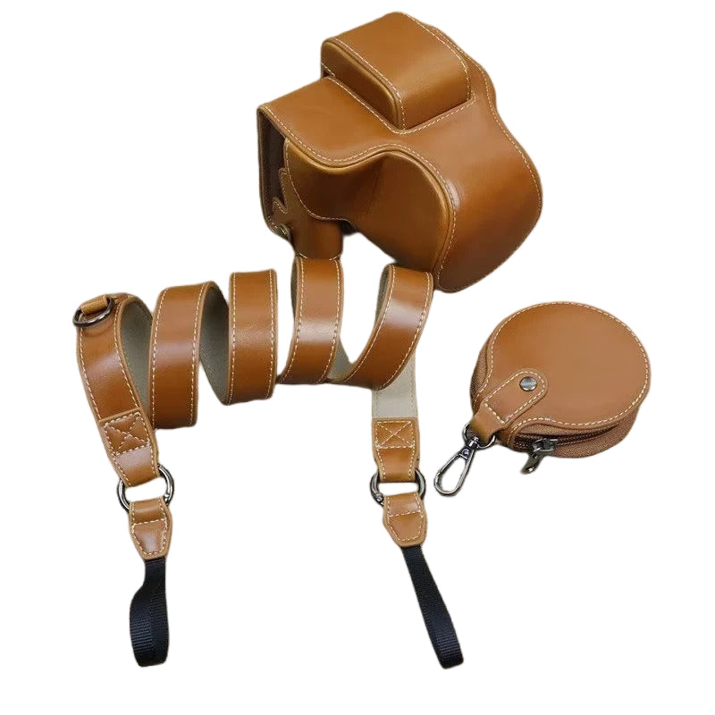 Uniqkart for Canon EOS R50 PU Leather Camera Case Battery Opening Design Camera Cover with Strap and Small Bag - Brown