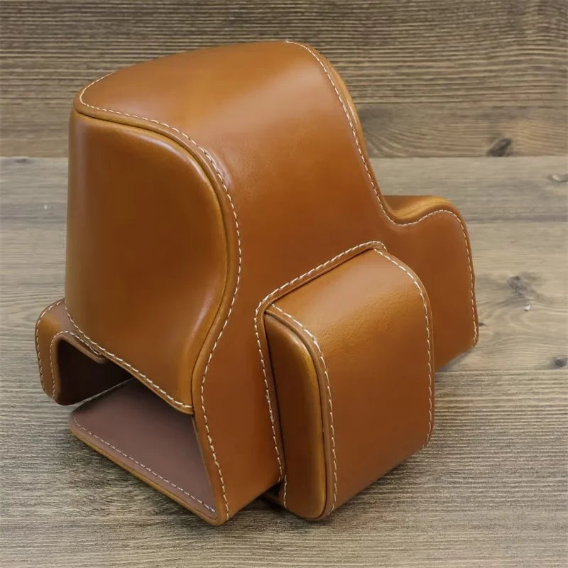 Uniqkart for Canon EOS R50 PU Leather Camera Case Battery Opening Design Camera Cover with Strap and Small Bag - Brown