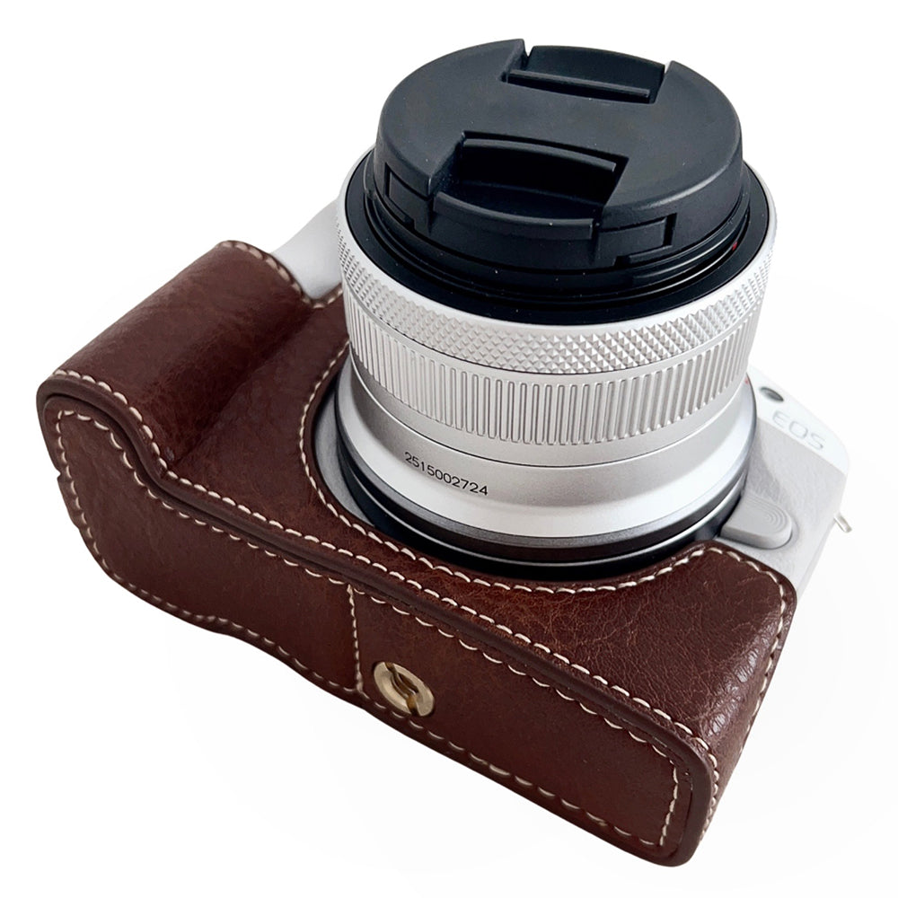 Uniqkart for Canon EOS R50 Buffalo Texture PU Leather Bottom Case Half Body Camera Cover with Battery Opening - Coffee