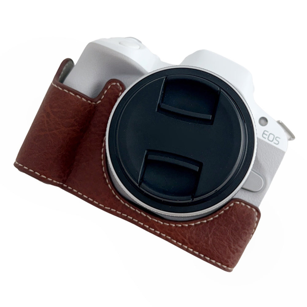 Uniqkart for Canon EOS R50 Buffalo Texture PU Leather Bottom Case Half Body Camera Cover with Battery Opening - Coffee