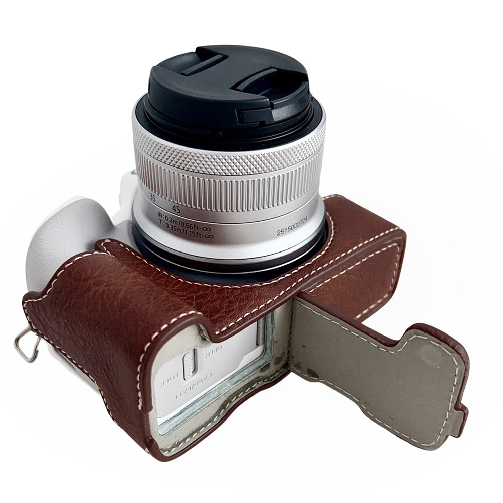 Uniqkart for Canon EOS R50 Buffalo Texture PU Leather Bottom Case Half Body Camera Cover with Battery Opening - Coffee