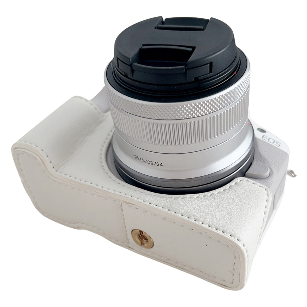 Uniqkart for Canon EOS R50 Buffalo Texture PU Leather Bottom Case Half Body Camera Cover with Battery Opening - White