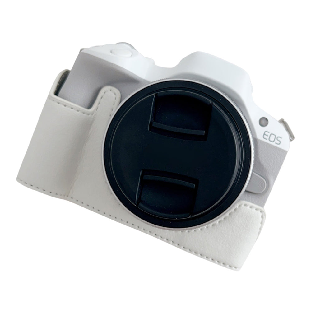 Uniqkart for Canon EOS R50 Buffalo Texture PU Leather Bottom Case Half Body Camera Cover with Battery Opening - White