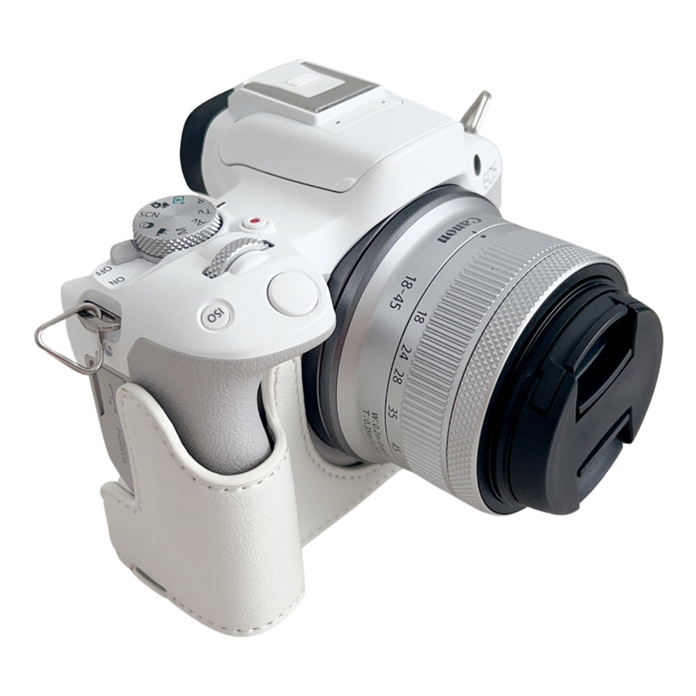 Uniqkart for Canon EOS R50 Buffalo Texture PU Leather Bottom Case Half Body Camera Cover with Battery Opening - White