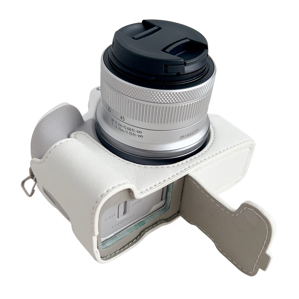 Uniqkart for Canon EOS R50 Buffalo Texture PU Leather Bottom Case Half Body Camera Cover with Battery Opening - White