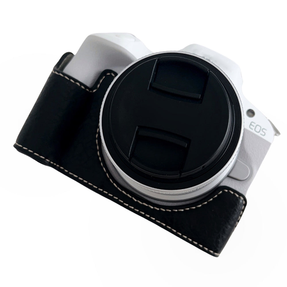 Uniqkart for Canon EOS R50 Buffalo Texture PU Leather Bottom Case Half Body Camera Cover with Battery Opening - Black