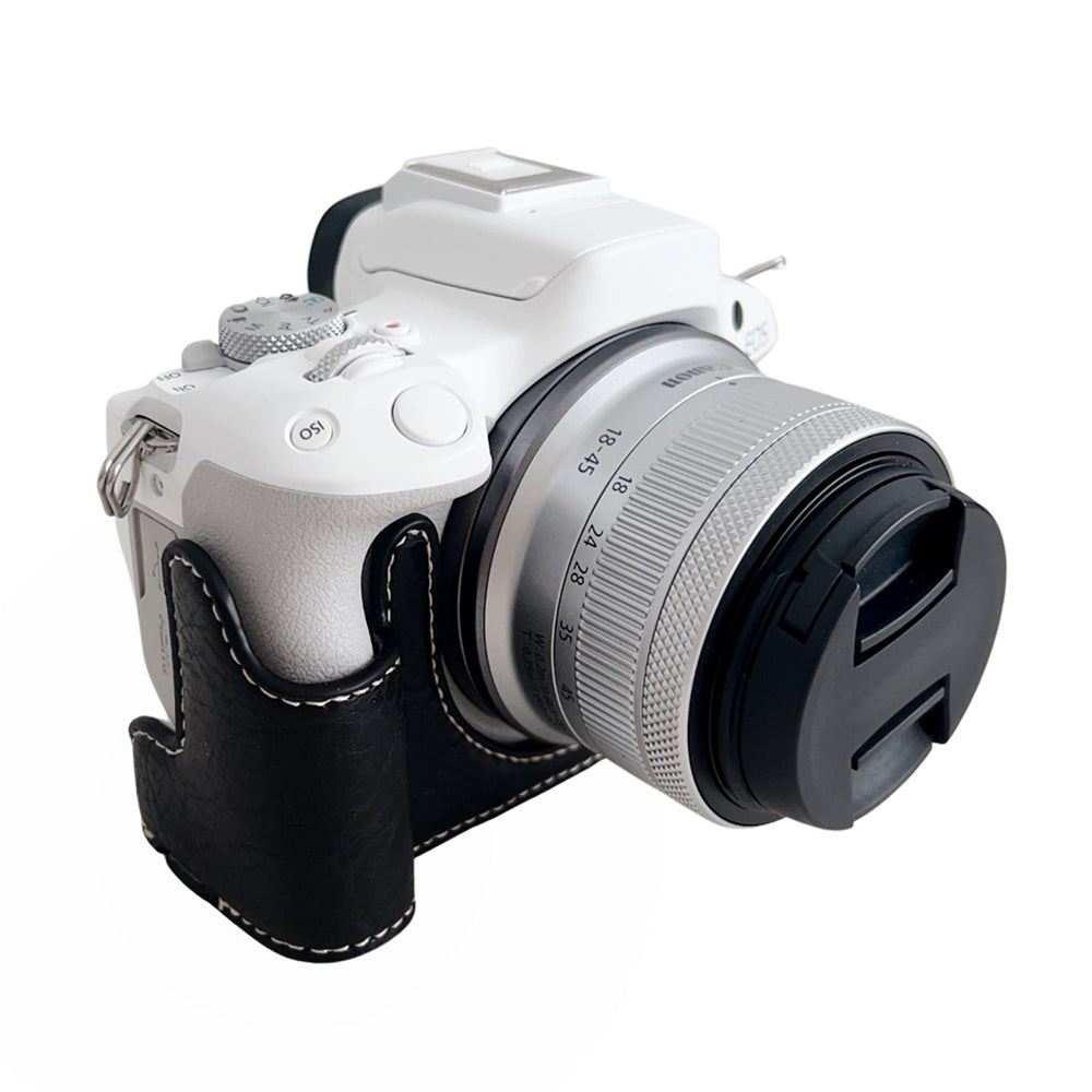 Uniqkart for Canon EOS R50 Buffalo Texture PU Leather Bottom Case Half Body Camera Cover with Battery Opening - Black