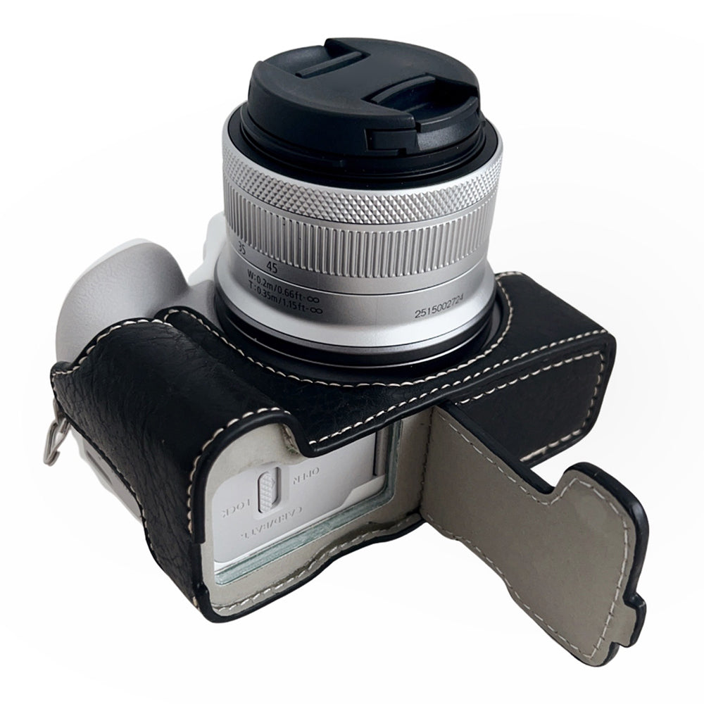 Uniqkart for Canon EOS R50 Buffalo Texture PU Leather Bottom Case Half Body Camera Cover with Battery Opening - Black