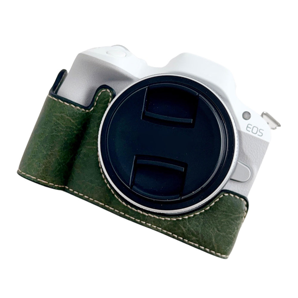 Uniqkart for Canon EOS R50 Buffalo Texture PU Leather Bottom Case Half Body Camera Cover with Battery Opening - Green