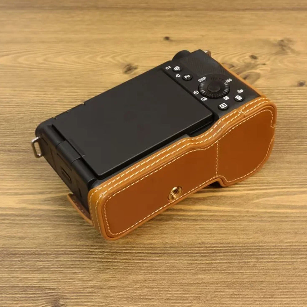 Uniqkart for Sony ZV-E1 PU Leather Camera Bottom Case Half Body Anti-scratch Cover with Battery Opening - Brown